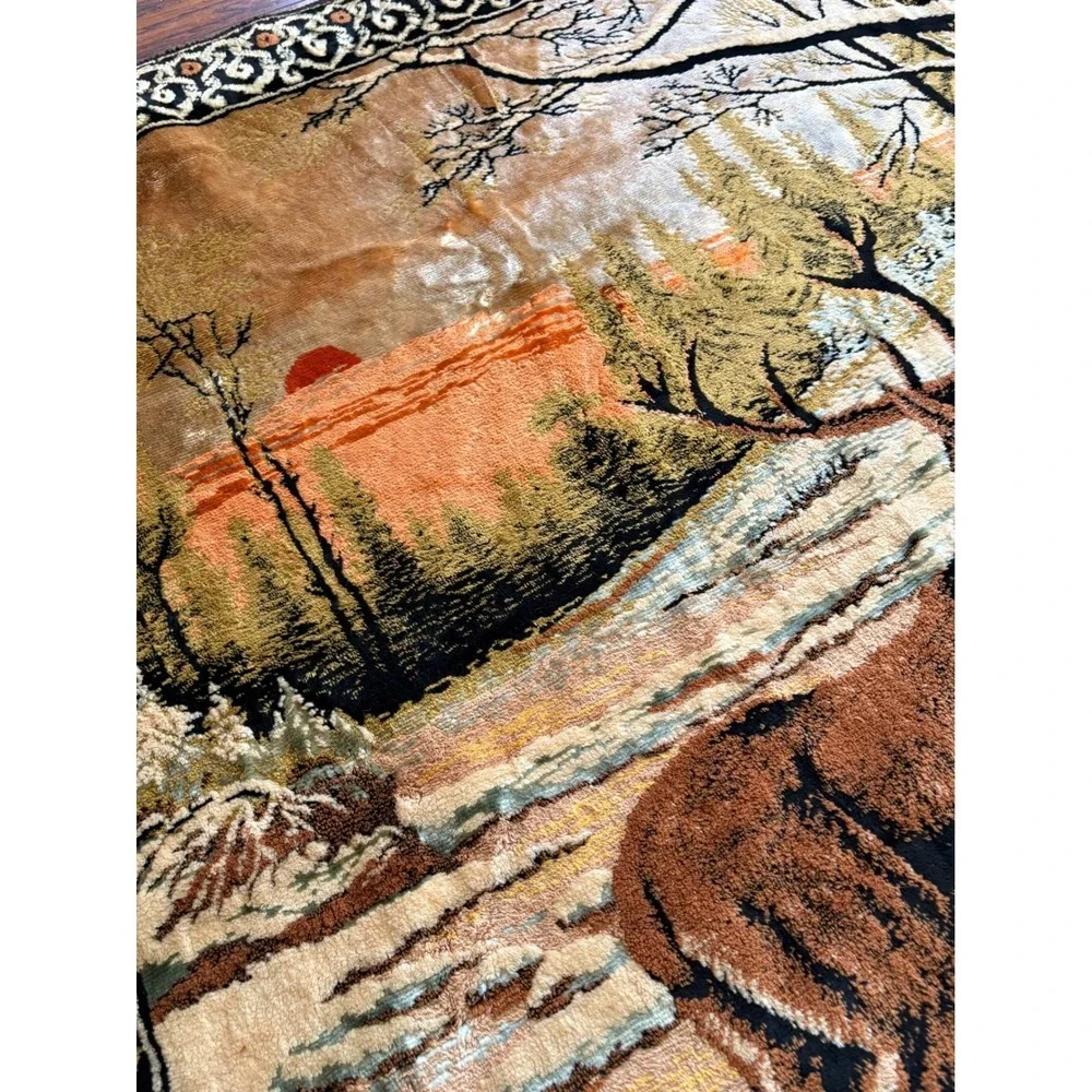 Vtg Velvet Deer Tapestry Wall Hanging Rug Buck Doe Winter Forest Scene 70 x 47" - Picture 13 of 16